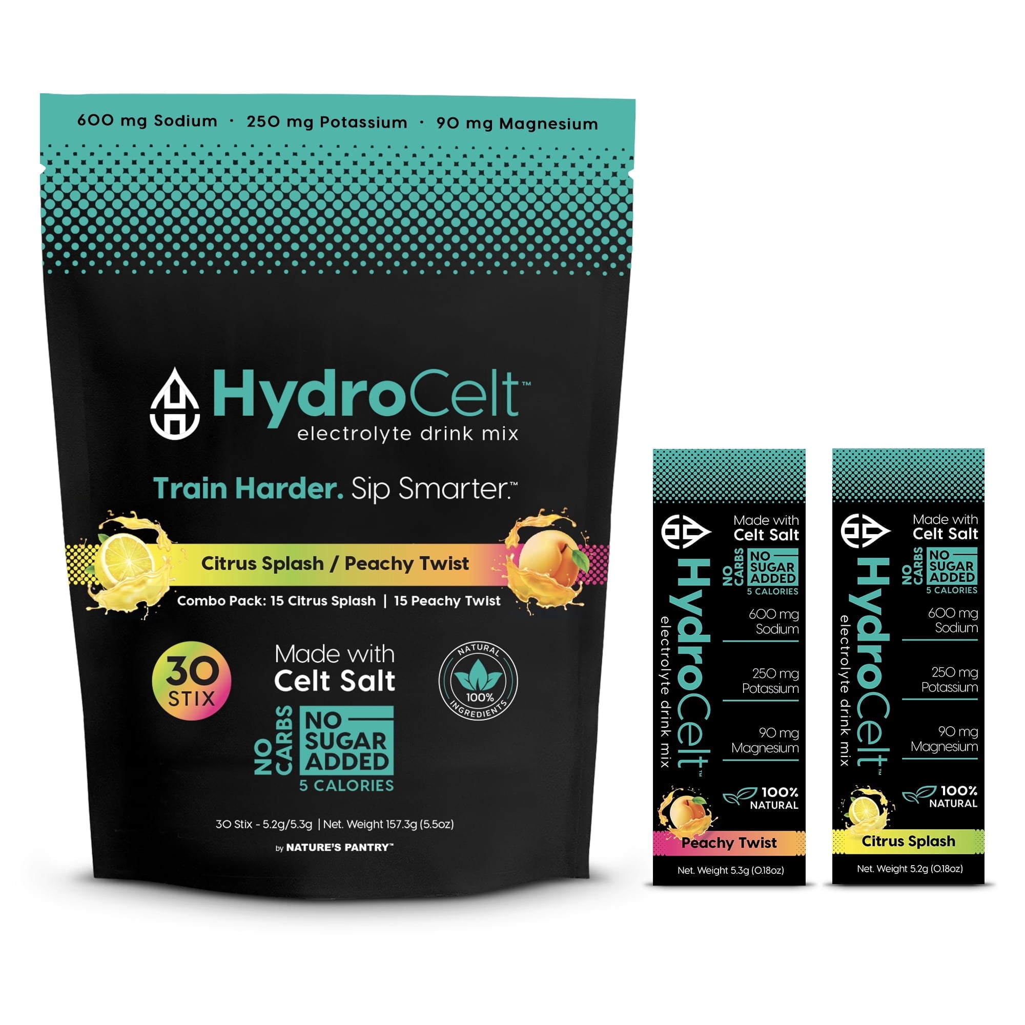 HydroCelt Electrolyte Drink Mix Packets, 30 Sticks – Zero Sugar Hydration Powder, Citrus & Peach Variety, Daily Electrolytes with Sodium, Potassium & Magnesium