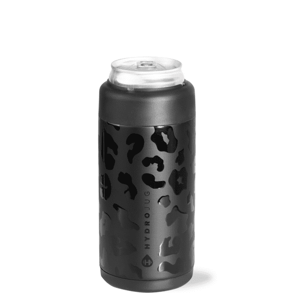 HydroJug Can Cooler - Slim 2-in-1 Insulated Can Cooler Cup 12oz - Stainless Steel, Non-Slip Rubber Base, Screw-Top Lid - Black Leopard