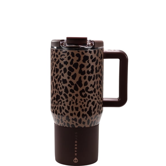 HydroJug Coffee Traveler 20 oz - Leak-Resistant, Ceramic-Lined Insulated Travel Coffee Mug for Hot or Cold Drinks with Flip Lid, Brown Leopard