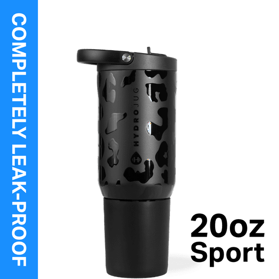 HydroJug Sport 20 oz Stainless Steel Water Bottle with Flip Straw, Insulated Leak-Proof Tumbler for Gym & Outdoor - Black Leopard