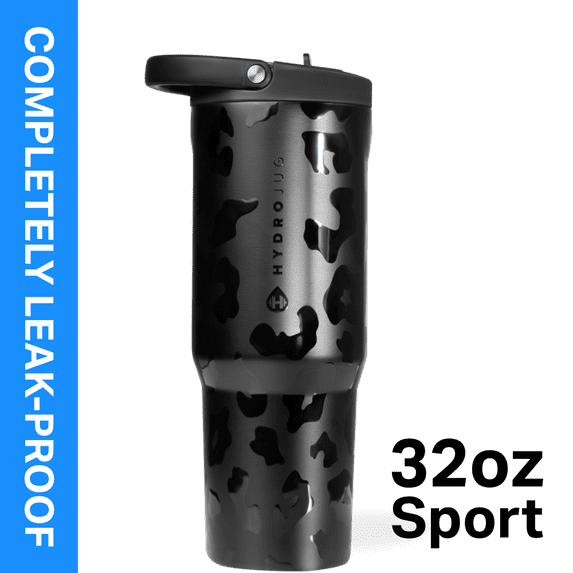 HydroJug Sport 32 oz Stainless Steel Water Bottle with Flip Straw, Insulated Leak-Proof Tumbler for Gym & Outdoor - Black Leopard