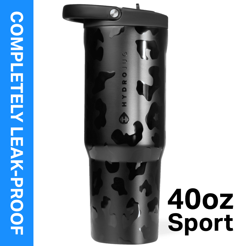 HydroJug Sport 40 oz Stainless Steel Water Bottle with Flip Straw, Insulated Leak-Proof Tumbler for Gym & Outdoor - Black Leopard