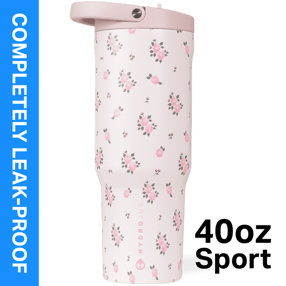 HydroJug Sport 40 oz Stainless Steel Water Bottle with Flip Straw, Insulated Leak-Proof Tumbler for Gym & Outdoor - Wildrose