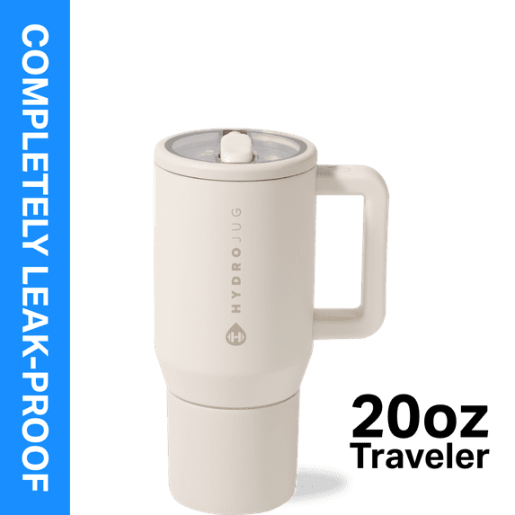 HydroJug Traveler 20 oz Water Bottle, Stainless Steel Insulated Tumbler with Flip Straw and Handle - Cream