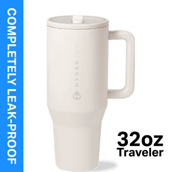 HydroJug Traveler 32 oz Water Bottle, Stainless Steel Insulated Tumbler with Flip Straw and Handle - Cream