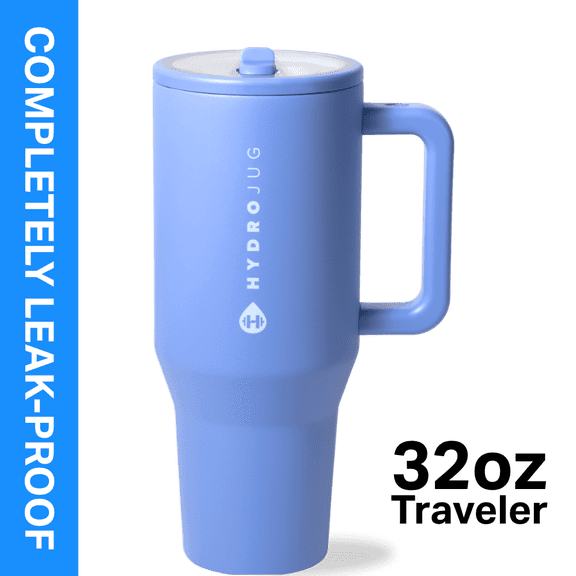 HydroJug Traveler 32 oz Water Bottle, Stainless Steel Insulated Tumbler with Flip Straw and Handle - Light Blue