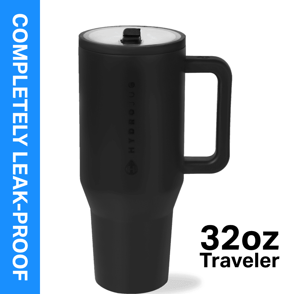 HydroJug Traveler 32 oz Water Bottle, Stainless Steel Insulated Tumbler with Flip Straw and Handle - Black
