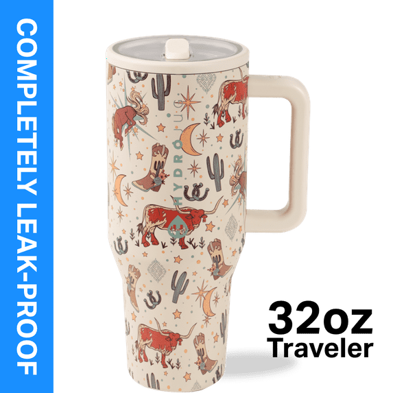 HydroJug Traveler 32 oz Water Bottle, Stainless Steel Insulated Tumbler with Flip Straw and Handle - Rodeo