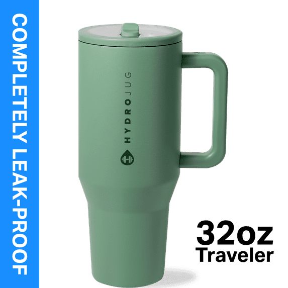HydroJug Traveler 32 oz Water Bottle, Stainless Steel Insulated Tumbler with Flip Straw and Handle - Sage