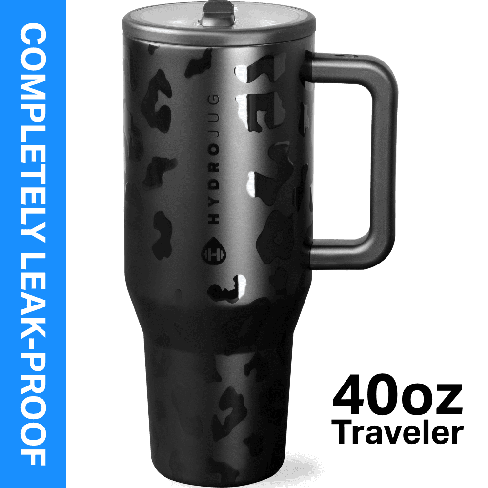 HydroJug Traveler 40 oz Water Bottle, Stainless Steel Insulated Tumbler with Flip Straw and Handle - Black Leopard