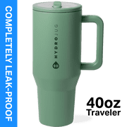 HydroJug Traveler 40 oz Water Bottle, Stainless Steel Insulated Tumbler with Flip Straw and Handle - Sage