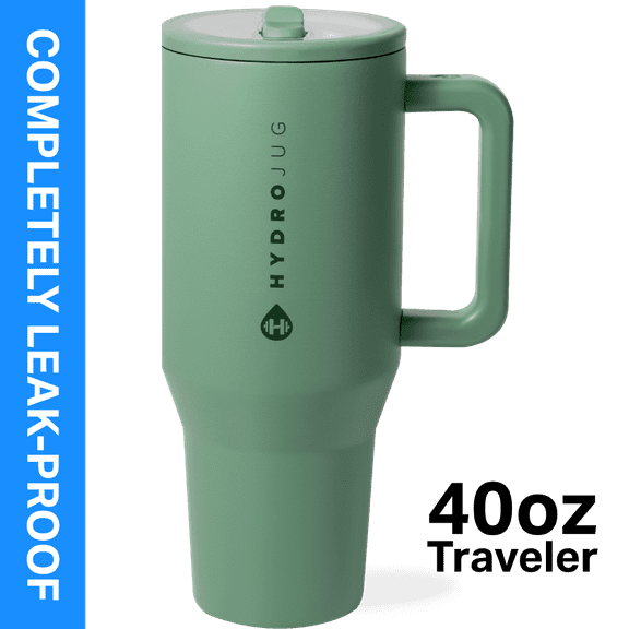 HydroJug Traveler 40 oz Water Bottle, Stainless Steel Insulated Tumbler with Flip Straw and Handle - Sage