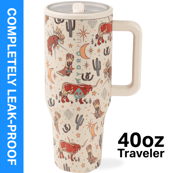 HydroJug Traveler 40 oz Water Bottle, Stainless Steel Insulated Tumbler with Flip Straw and Handle - Rodeo