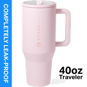 HydroJug Traveler 40 oz Water Bottle, Stainless Steel Insulated Tumbler with Flip Straw and Handle - Pink Sand