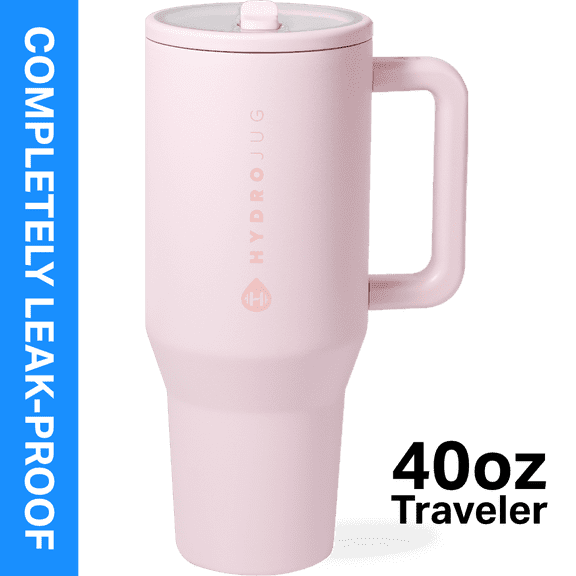 HydroJug Traveler 40 oz Water Bottle, Stainless Steel Insulated Tumbler with Flip Straw and Handle - Pink Sand
