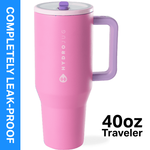 HydroJug Traveler 40 oz Water Bottle, Stainless Steel Insulated Tumbler with Flip Straw and Handle - Pink Sugar