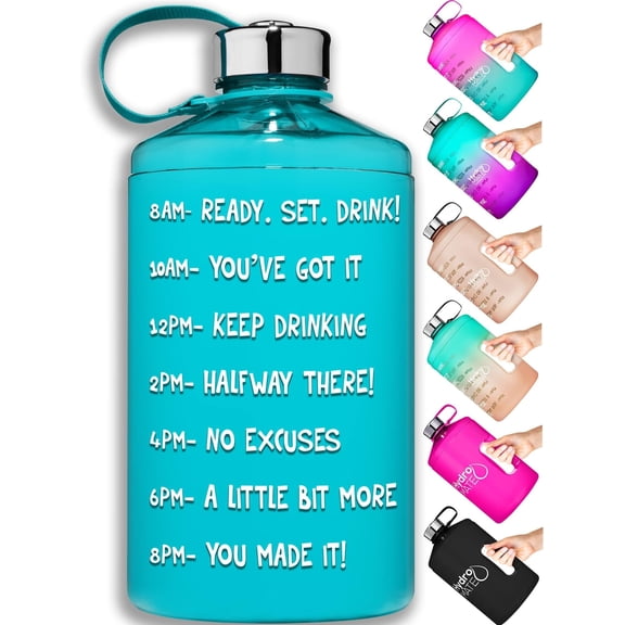 HydroMATE 1/2 Gallon Water Bottle with Times to Drink  Leak Proof  Jug with Handle 64 oz (Light Blue)