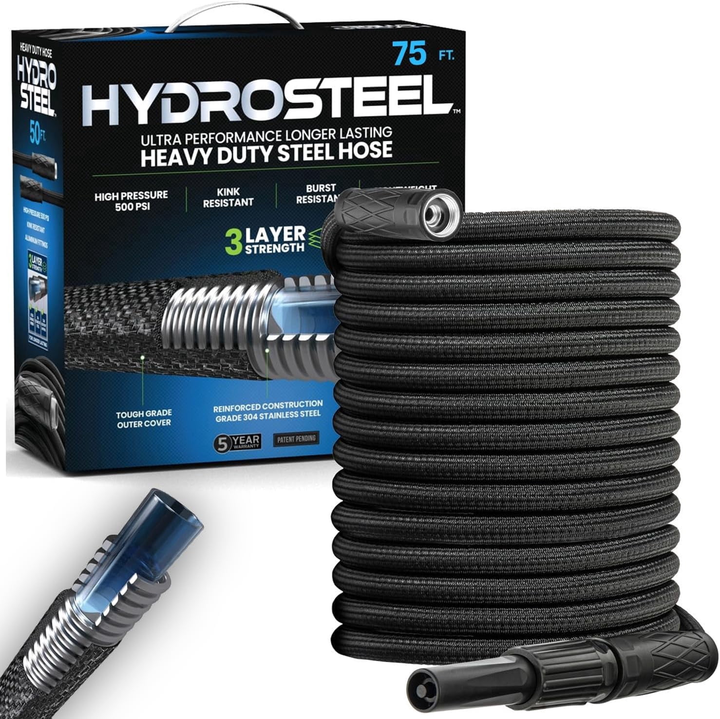 HydroSteel Garden Hose 75' ft Water Hose For Outside Heavy Duty Metal Hose Stainless Steel with Nozzle Flexible Kink-Free