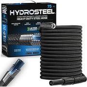 HydroSteel Garden Hose 75' ft Water Hose For Outside Heavy Duty Metal Hose Stainless Steel with Nozzle Flexible Kink-Free