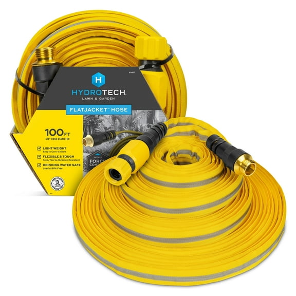 HydroTech FlatJacket 5/8" x 100ft Flexible Garden Hose– Kink-Free, Lightweight, Burst-Proof