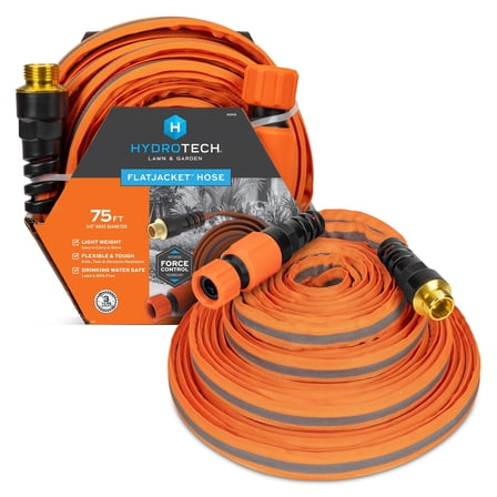 HydroTech FlatJacket 5/8" x 75ft Flexible Garden Hose– Kink-Free, Lightweight, Burst-Proof