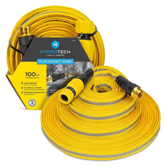 HydroTech FlatJacket 5/8" x 100ft Flexible Garden Hose Kink-Free, Lightweight, Burst-Proof