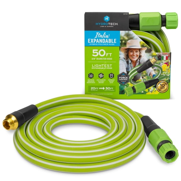 HydroTech Italia Expandable Garden Hose 5/8 in x 50 ft, Hybrid Polymer Water Hose, Kink-Free Flexible Hose with Force Control Technology, Lightweight for Flowers, Plants & Garden Beds, Green