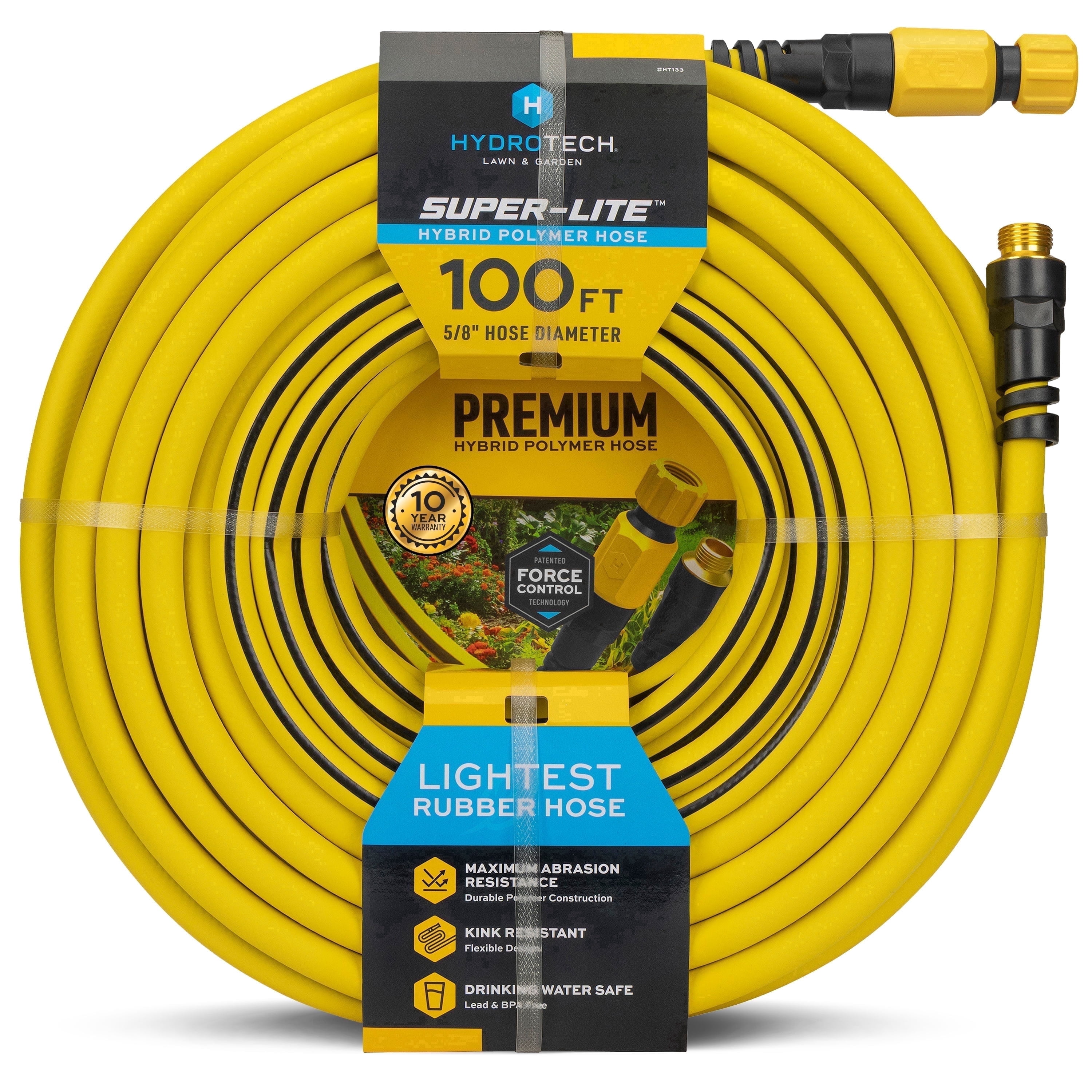HydroTech Super-Lite 100 ft Garden Hose Hybrid Polymer Rubber 5/8"  – Ultra Lightweight Kink-Resistant Water Hose, Drinking Water Safe, Durable Polymer Construction with Force Control Technology