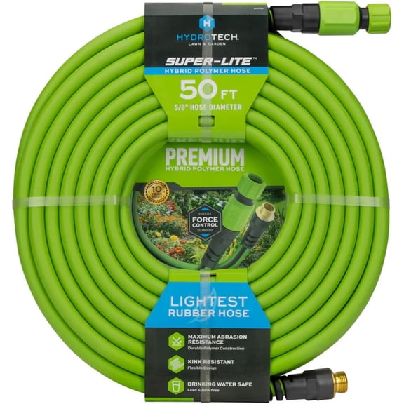 HydroTech Super-Lite Hybrid Polymer Garden Hose 5/8" x 50 ft  Ultra Lightweight Kink-Resistant Water Hose, Drinking Water Safe, Durable Polymer Construction with Force Control Technology
