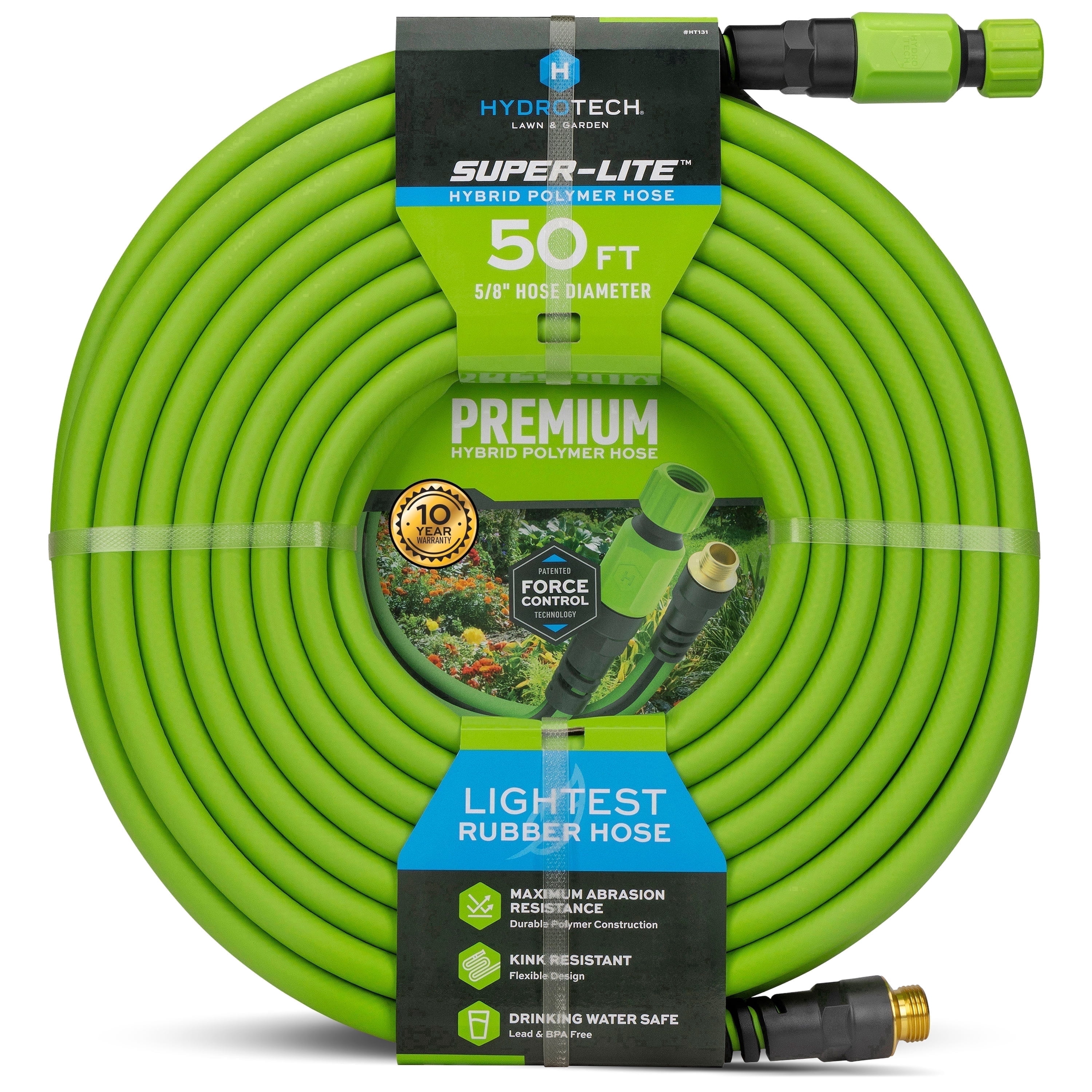 HydroTech Super-Lite 50 ft Garden Hose Hybrid Polymer Rubber 5/8"  – Ultra Lightweight Kink-Resistant Water Hose, Drinking Water Safe, Durable Polymer Construction with Force Control Technology