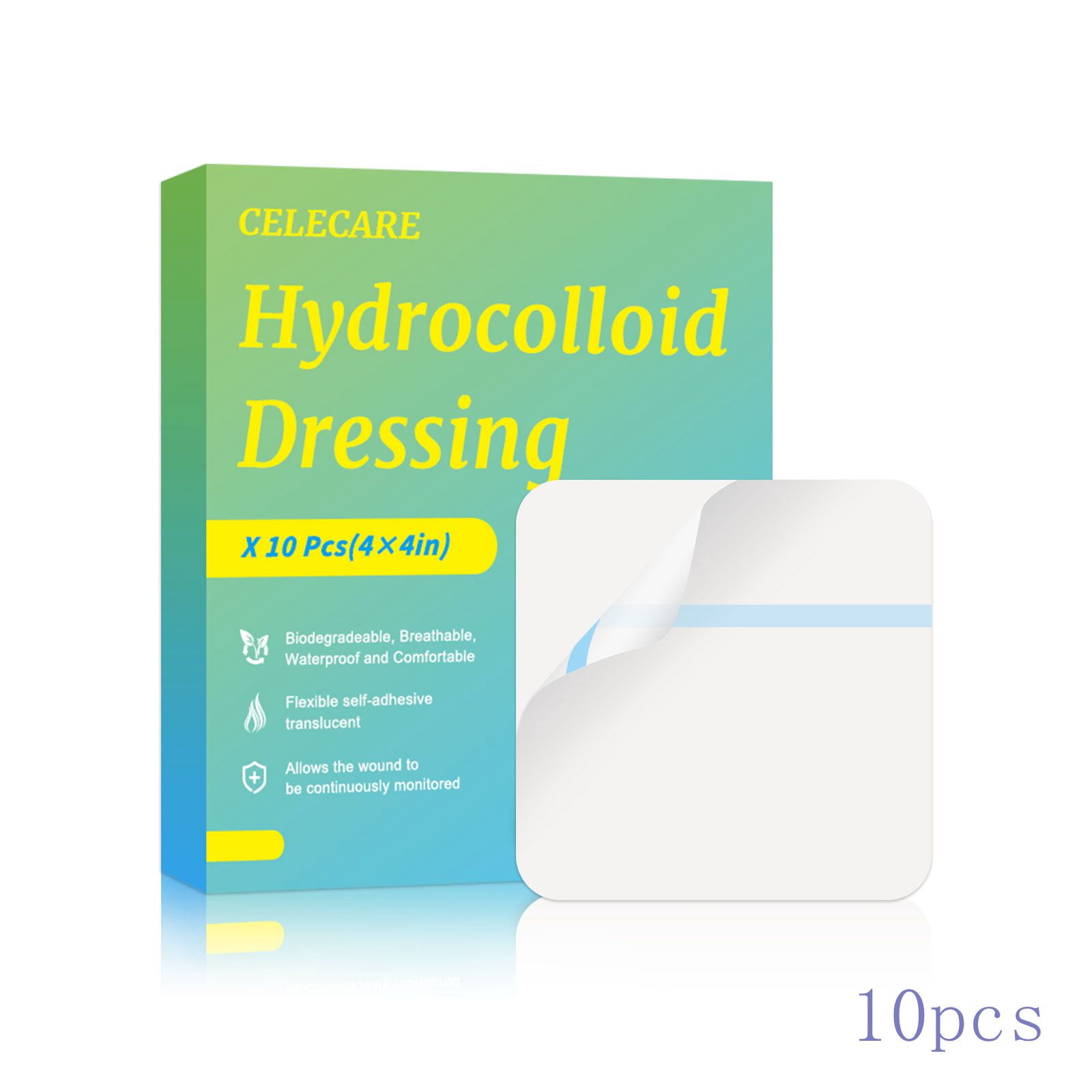 Hydrocolloid Bandage 10 Pack, 4''x4'' Thin Hydrocolloid Wound Dressing for Light to Medium