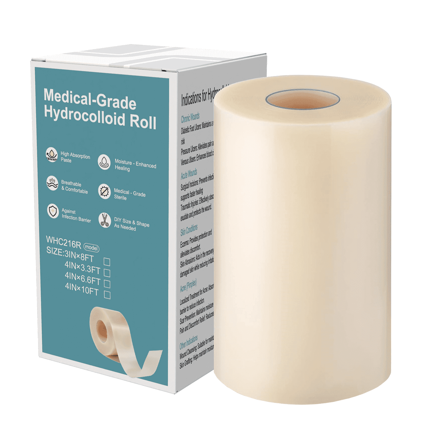 Hydrocolloid Dressing Roll for Wound Care, 4in*10ft, Cut-to-Size Patch, Hydrocolloid Bandages with Self-Adhesive, Ultra Absorbent, Flexible & Waterproof, First Aid Kit Essential