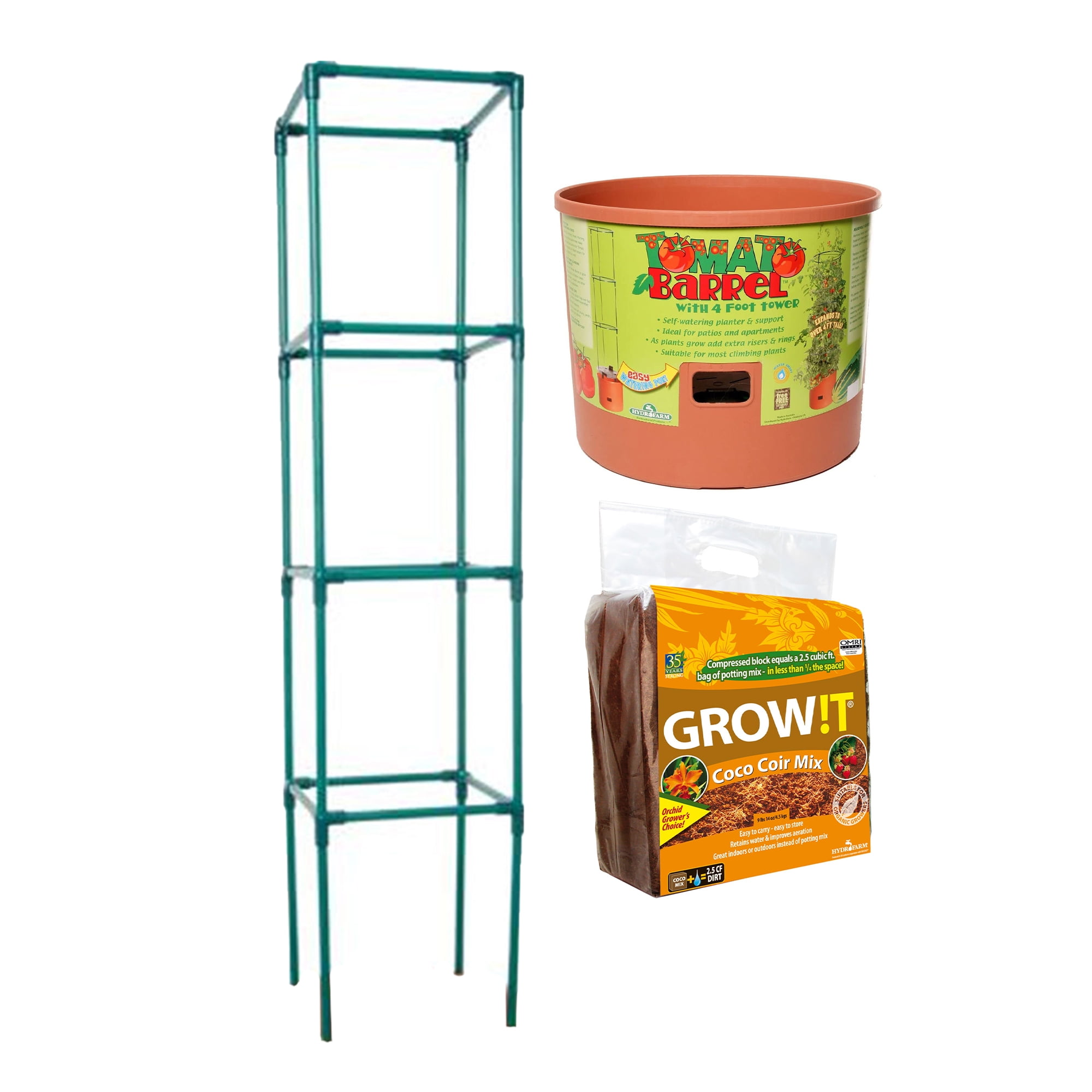 Hydrofarm Tomato Pot with 4 Foot Trellis Tower & GROW!T Coco Coir Mix Block