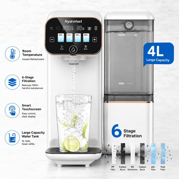 Hydrofast B100 Countertop Reverse Osmosis Water Filter, Room Temperature, 6-Stage Filtration, No Installation, Smart Touchscreen, Portable Water Purifier for Kitchen, White