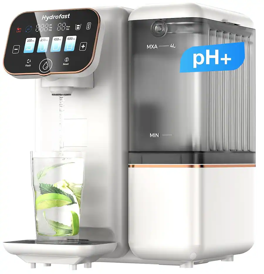 Hydrofast B100 Countertop Water Purifier, Room Temperature, 6-Stage Filtration, No Installation, Smart Touchscreen, Large Capacity Water Tank, 3:1 Pure to Drain Ratio, White