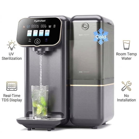 Hydrofast C100 Countertop RO Water Purifier, Home Water Purifier, Chilled (50F) & Room Temp Water, 6-Stage Filtration, No Installation, Gray