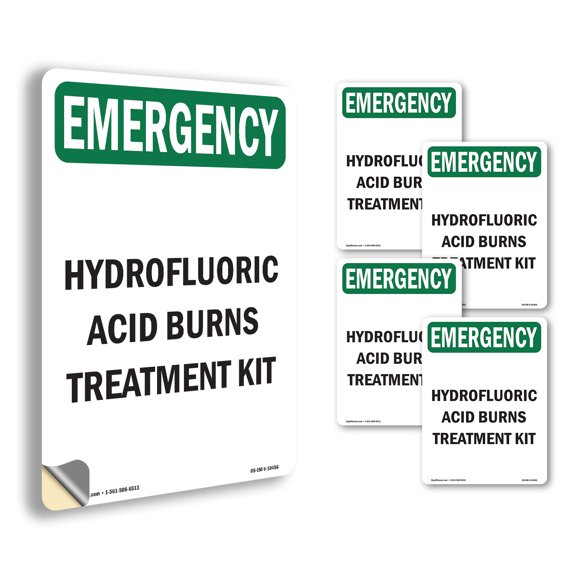 Hydrofluoric Acid Burns Treatment Kit OSHA Emergency Vinyl Decal Label 5 Inch x 3.5 Inch - 5 Pack