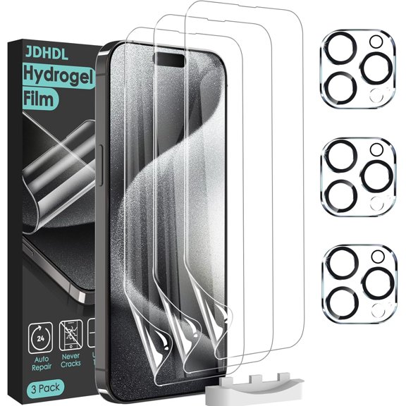 Hydrogel Film Screen Protector for iPhone 15 Pro Max – 3+3 Pack (NOT Glass) with Tempered Glass Camera Lens Protector, Soft TPU Transparent Protective Film, Self-Healing, Bubble-Free, Case Friendly