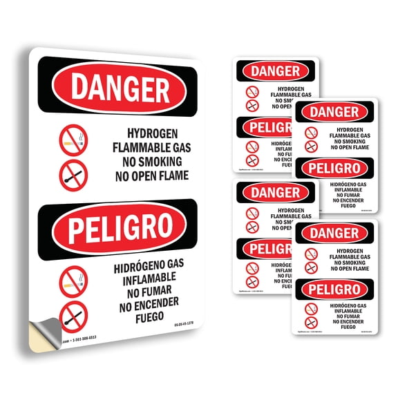 Hydrogen Flammable Gas No Smoking Bilingual OSHA Danger Vinyl Decal Label 10 Inch x 7 Inch - 5 Pack