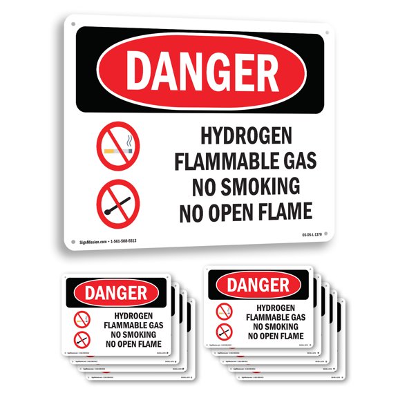 Hydrogen Flammable Gas No Smoking Open Flame OSHA Danger Rigid Plastic Sign 14 Inch x 10 Inch - 10 Pack