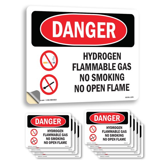 Hydrogen Flammable Gas No Smoking Open Flame OSHA Danger Vinyl Decal Label 18 Inch x 12 Inch - 10 Pack