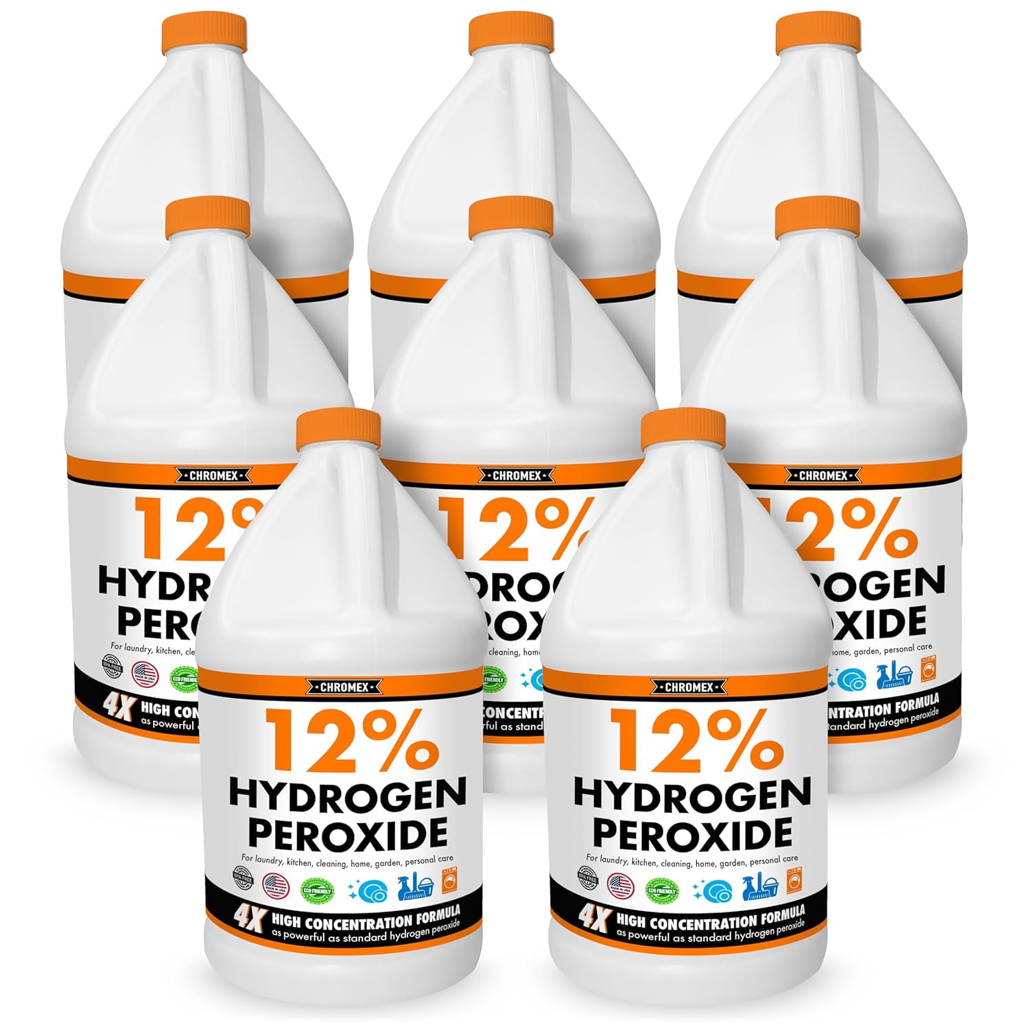 Hydrogen Peroxide 12 Percent Food Grade, 4X Power Concentrated Solution, Versatile Uses Include Topical Care, Home, Kitchen, Bath Cleaner, Laundry, Whitening, 8 Gallons