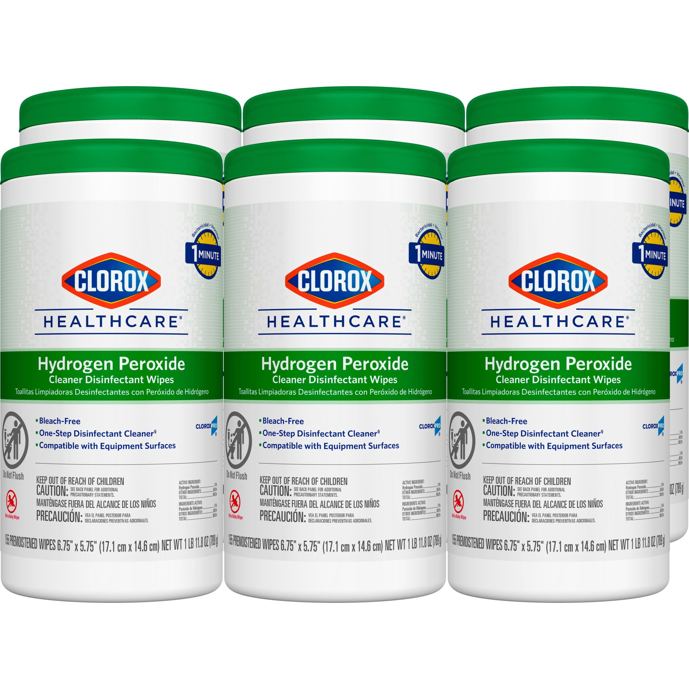Hydrogen Peroxide Disinfecting Wipes Value Pack, Kills C. Auris and MRSA, No Bleach or Fragrance, Ideal for Hospitals, 6 x 155 Wipes, White