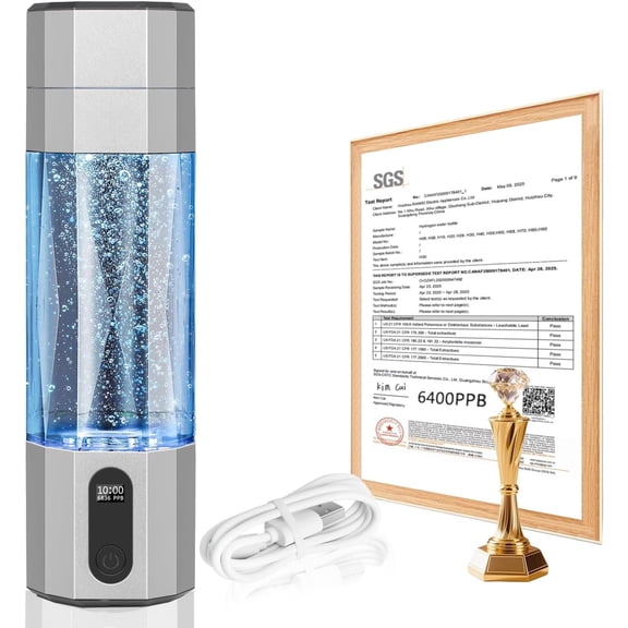 Hydrogen Water Bottle Generator, 6400PPB High Concentration Portable Hydrogen Water Machine with SPE/PEM Tech, Water Ionizer & LED Display,7oz Leak-Proof , Gym, Travel, Gifts SLIVER