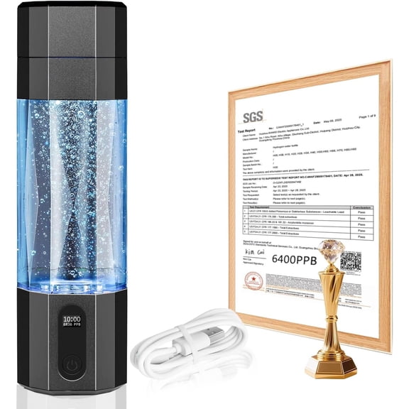 Hydrogen Water Bottle Generator, 6400PPB High Concentration Portable Hydrogen Water Machine with SPE/PEM Tech, Water Ionizer & LED Display,7oz Leak-Proof , Gym, Travel, Gifts BLACK