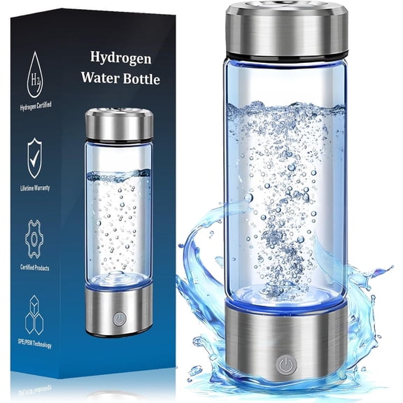 Hydrogen Water Bottle Generator - Portable Hydrogen Water Ionizer Machine SPE PEM Tech, Rechargeable Hydrogen Rich Water Glass Bottle for Home Gym Office and Travel Hydrogen Bottle