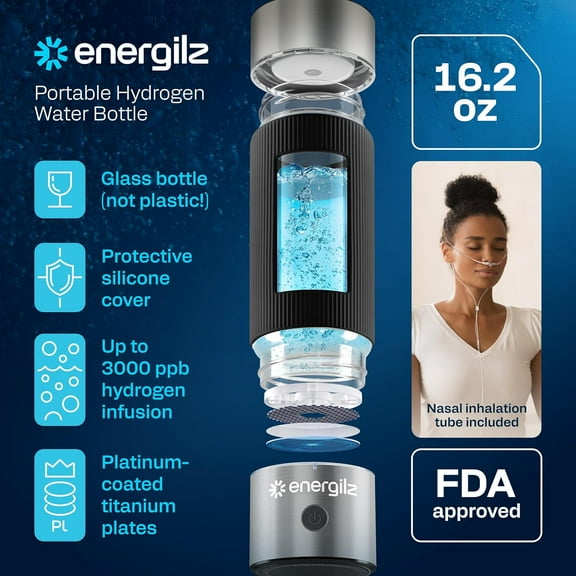 Hydrogen Water Bottle | Large 16.2 oz (480 ml) Hydrogen Water Bottle Generator 3000ppb | Hydrogenator Machine | SPE/PEM Hydrogenated Ionizer Generator (Steel w/Black)