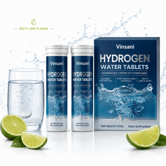Hydrogen Water Effervescent Tablets Daily Supplement, 100 Count Total, 200mg Per Serving, Generates 12ppm Hydrogen, Fast Dissolving Zesty Lime Flavor