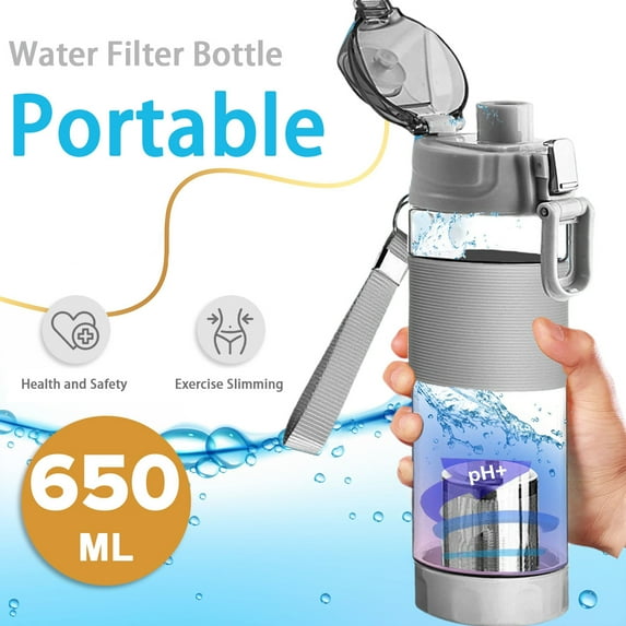 Hydrogen water bottle,22oz Filtered Water Bottle Reduce ORP Ph 9.5 Minerals Water Filter Bottle,Portable Alkaline Water Filter Bottle for Sports,Camping,Home, Office, Travel, Daily Drinking (Gray)