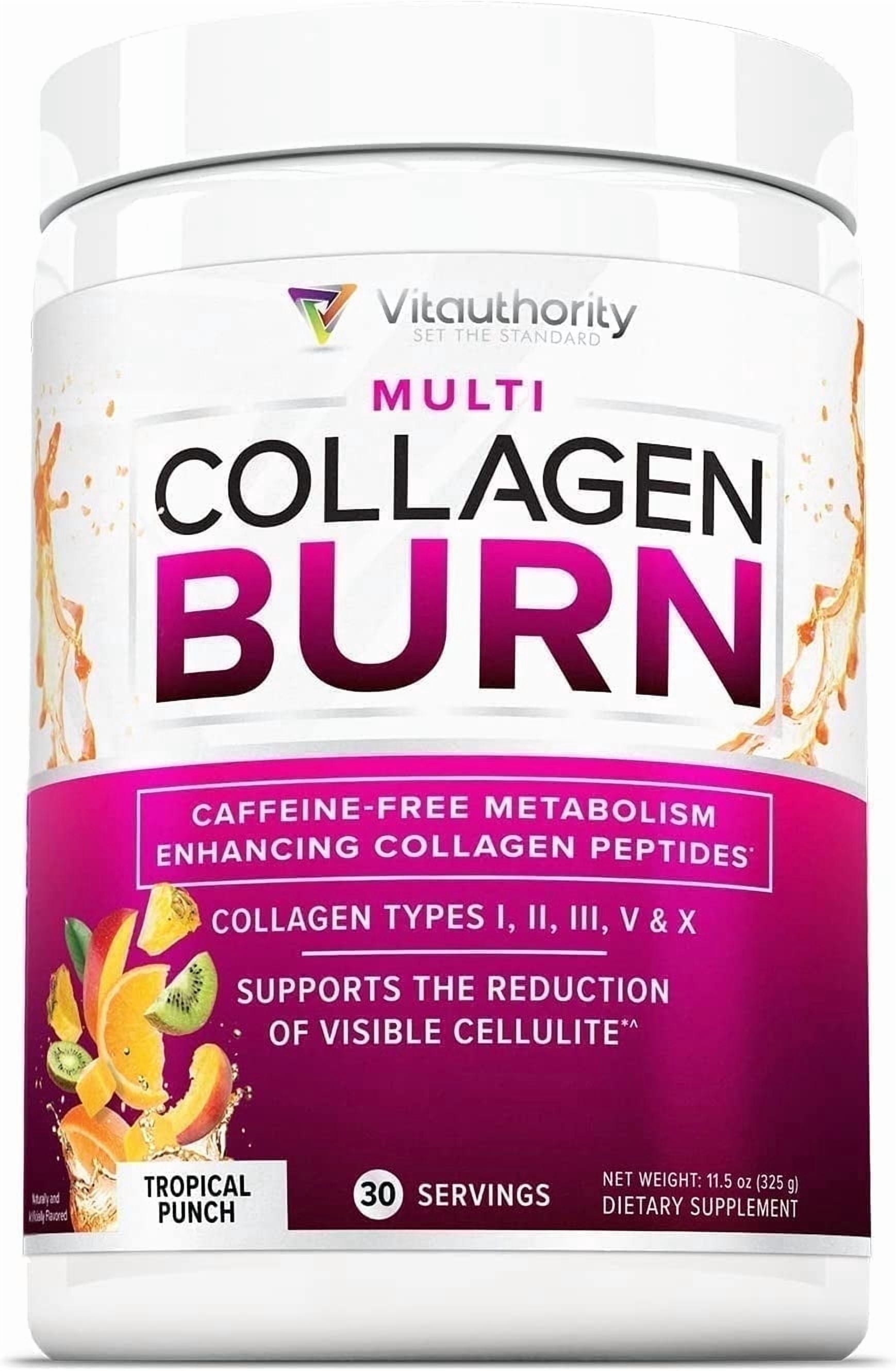 Vitauthority Multi Collagen Burn Beauty Supplement, Hydrolyzed Collagen Powder with Vitamin C & Hyaluronic Acid, Tropical Punch, 30 Servings